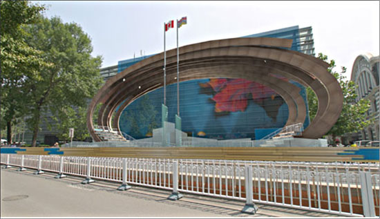 Rendered view of exterior of B.C. Canada Pavilion in Beijing 2008.
