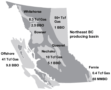 Map showing natural gas and oil potential in BC.