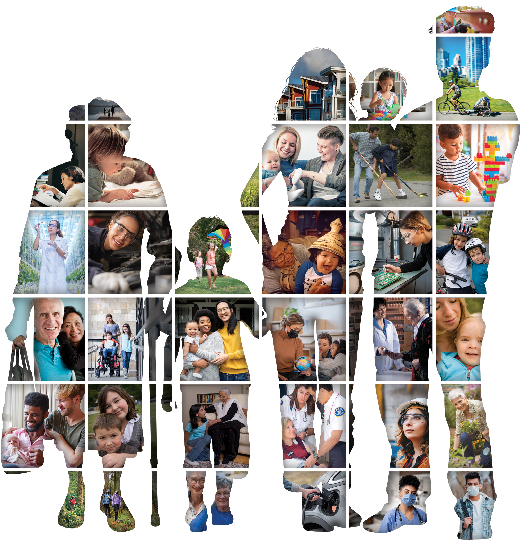 a montage of images creating a silhouette of a family including a senior woman with cane next to a small child holding hands with mother and father holding a smaller child