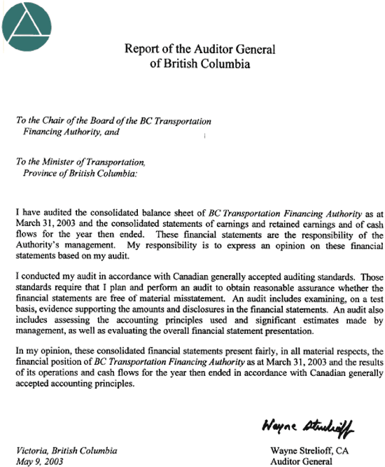 Report of the Auditor General of British Columbia Letter.
